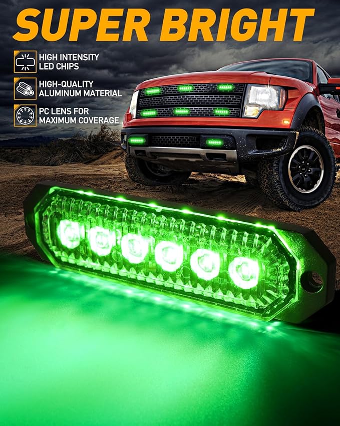 HLauto 406T Emergency Strobe Grille Lights: 4Pcs 6 LED Sync Feature Safety Warning Flashing Light, 12V-24V Ultra Slim Surface Mount Hazard Caution Light for Truck, Vehicle, Car, ATV, UTV (Green)