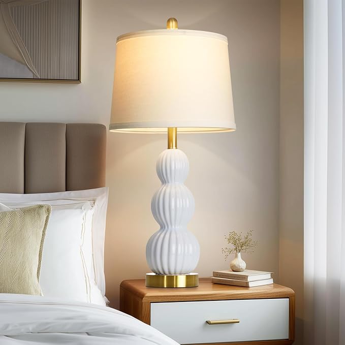 28" White Ceramic Table Lamps Set of 2, Modern Bedside Lamps for Night Stands, Triple Gourd Table Lamp for Living Room End Table or Bedroom Nightstand (2 LED Bulbs Included)