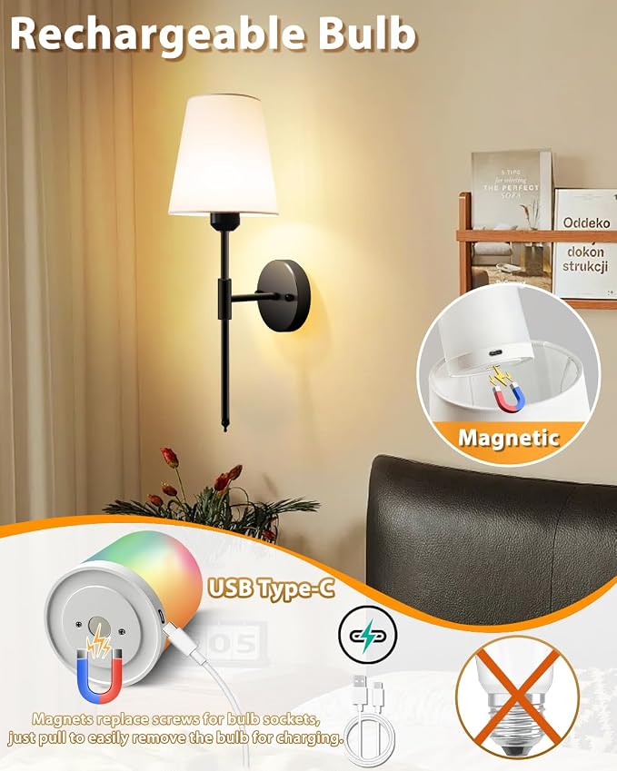Adetu Battery Operated Wall Sconce Set of 2, Black Wall Sconces with 10000mAh