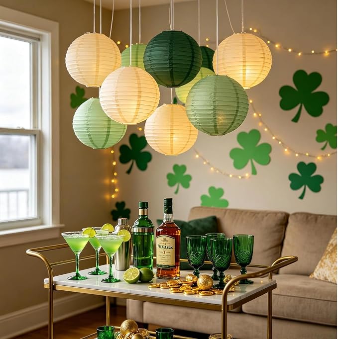 Boho Chinese Paper Lanterns LED Lights, 10-Pack 12inch | Hanging Lights in Cream, Sage & Forest Green for Garden Party, Boho Wedding, Birthday Decorations & Home Party