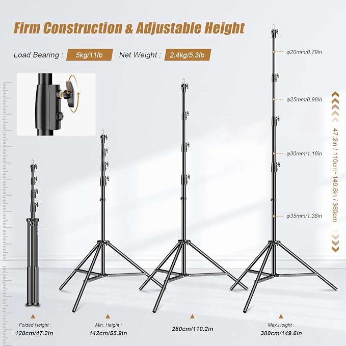 Godox 380F Heavy Duty Light Stand 150in/12.6' Tripod Stand Adjustable 110cm-380cm Spring Cushioned Photography Light Stand with 1/4” to 3/8” Screw Adapter for Strobe,LED Video Light,Monolight, Softbox