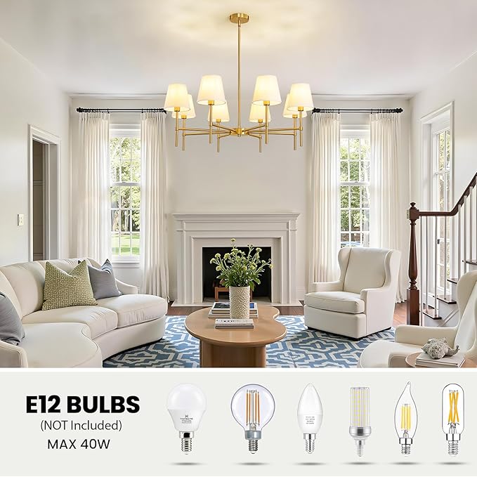 Dining Room Chandeliers Light - 8-Light Gold Modern Chandelier with Fabric Shade, Height Adjustable Mid Century Ceiling Lighting Fixture for Bedroom Kitchen Entryway Foyer