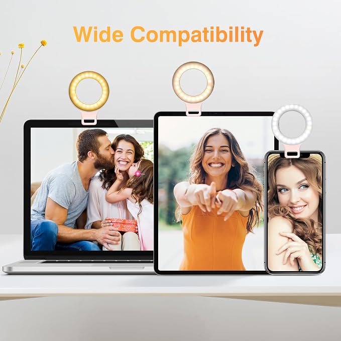 Clip on Ring Light, Kimwood Rechargeable 60 LED Selfie Ring Light for Phone, Laptop, Tablet (3 Models, 5 Level Brightness)
