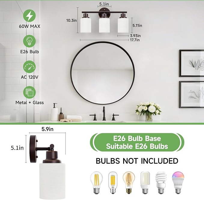 3-Light Bathroom Light Fixtures, Oil-Rubbed Bronze Gold Vanity Lights for Mirror with Textured Milky White Glass Shade, Modern Kitchen Light Fixtures Wall Sconce Light - E26