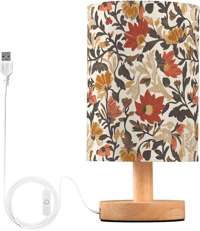 Fustylead Retro Vintage Fall Floral Bedside Table Lamps with USB Port for Bedroom Lamp Small Nightstand Lamp Sturdy Linen Shade Wooden Decorative Lamps for Living Room Home Dorm Kids
