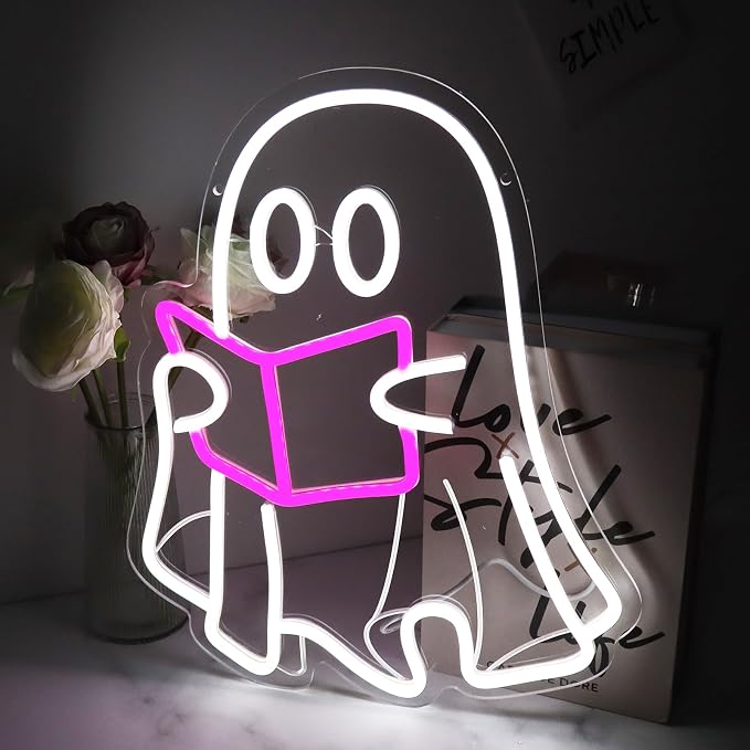 Ghost Reading Book Neon Sign | LED Neon Light, Hanging Design, For Bedroom Home Library Reading Room, Kids Room Store Decor