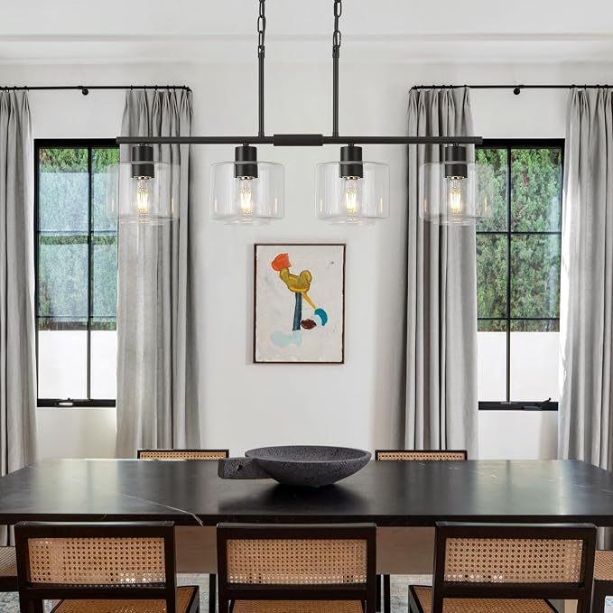 4-Light Kitchen Island Lighting, Modern Black Linear Dining Room Chandelier Light Fixtures with Clear Glass and Chain, Farmhouse Hanging Lights for Kitchen Island Dining Room, OS-YQ8153-4ISBKC