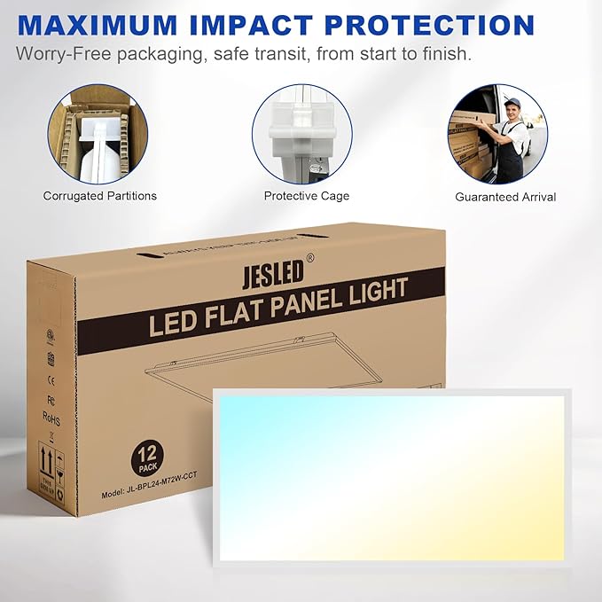 JESLED 12Pack 2x4 led Flat Panel Light, 10800LM, Drop Ceiling Lights Fixture for Office Shop Garage Basement Laundry, 30W/40W/50W/60W/72W Selectable, 5CCT Switchable, 0-10V Dimmable, DLC ETL Listed