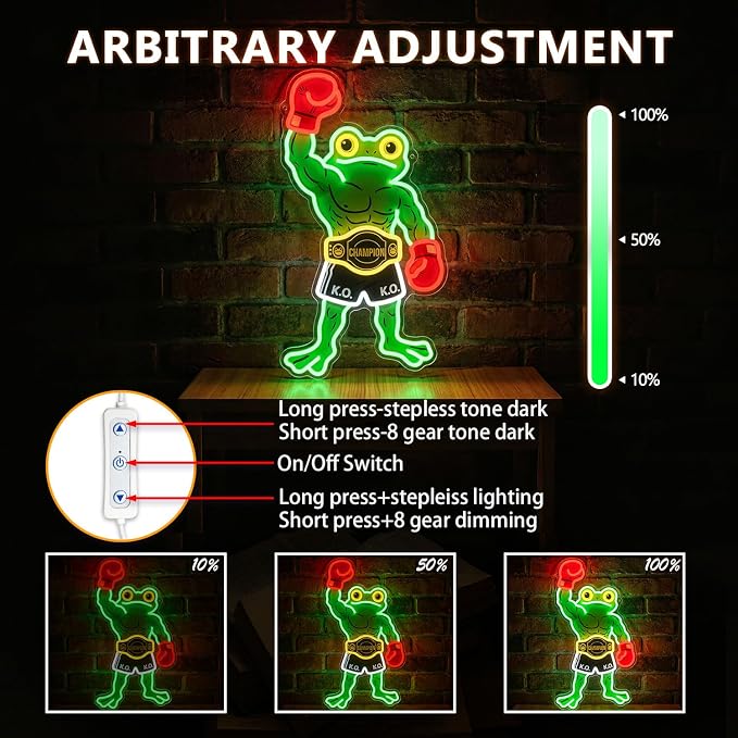 HAJAE Frog Neon Sign, Dimmable Boxing Frog Champion LED Light Wall Decor - Funny Muscular Frog Gifts for Men Boys Kids, Wrestling Birthday Party Decorations, Gym Man Cave Room Neon Light