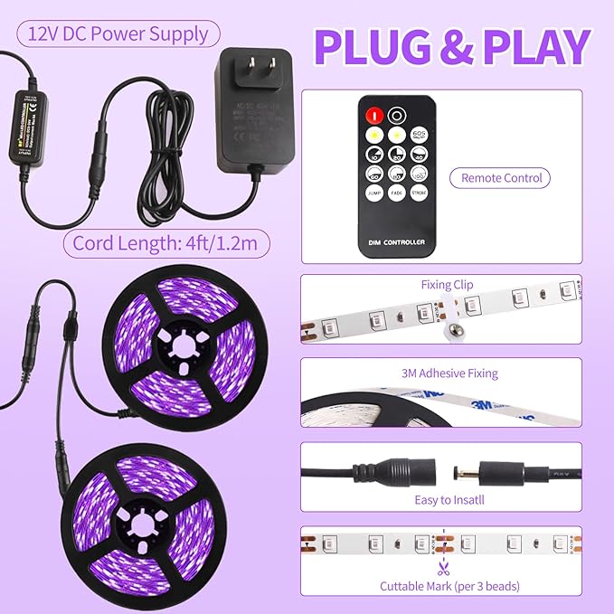 66 Foot Black Light Strip & Remote, 1200LEDs, Dimmable 12V Flexible Black Lights for Glow Party, Bedroom, Halloween, Fluorescent Tapestry Poster, 3 Lighting Modes, Non-Waterproof
