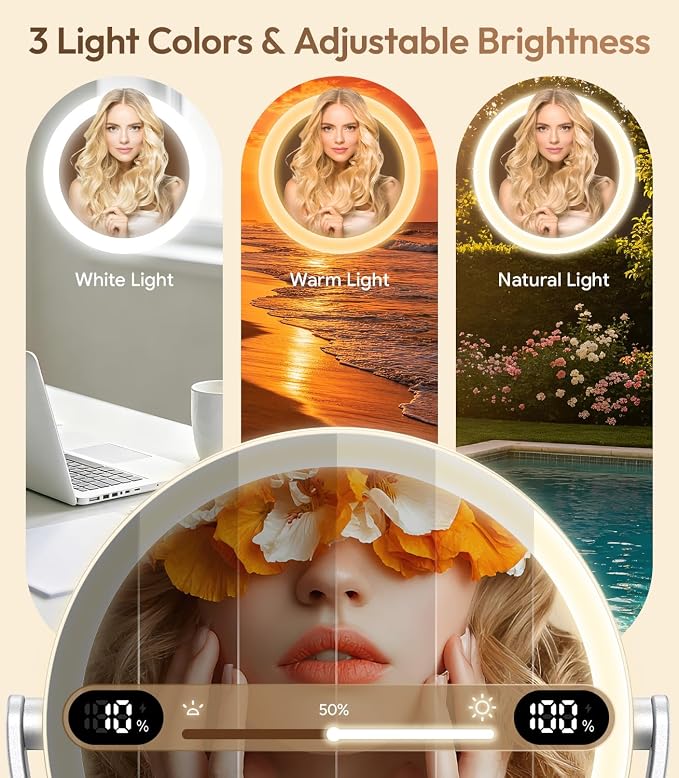 8" ABS Lighted Makeup Mirror with Lights, 1X/20X Magnifying Mirror with Light and Digital Display, 2.6in Height Adjustable, Rechargeable, 3 Color Modes for Makeup & Shaving, Easy to Detach, Women Gift
