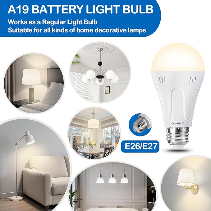 Rechargeable LED Light Bulbs,Emergency Light Bulbs for Power Outage,A19 E26 9W 3000K Warm 6 Pack Battery Operated Light Bulb for Home Lamps,Outdoor Activity,Hurricane,Blizzard,Camping