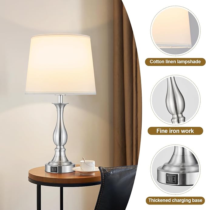 Bedside Table Lamp Touch Control Bedroom Lamps with USB A + C Charging Port 3 Way Dimmable Touch Lamps for Nightstand Living Room Bedroom Dorm Home Office Reading, Set of 2 (White Shade & Nickel Base)