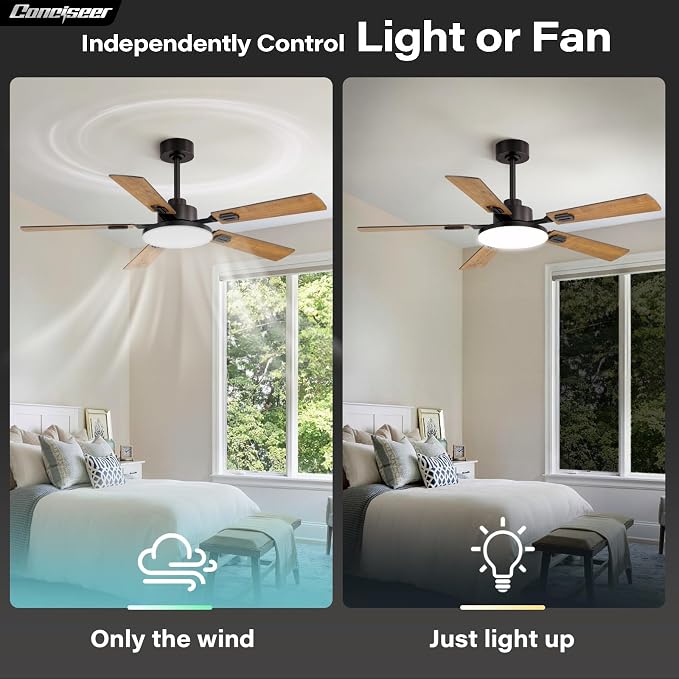 60 Inch Ceiling Fans with Lights and Remote, Bedroom Living Room Office Library Cafe Outdoor Industrial, 5CCT Dimmable, Dual Color 5 Blades, 6 Speed Reversible Quiet DC Motor, Brown/Wood Grain