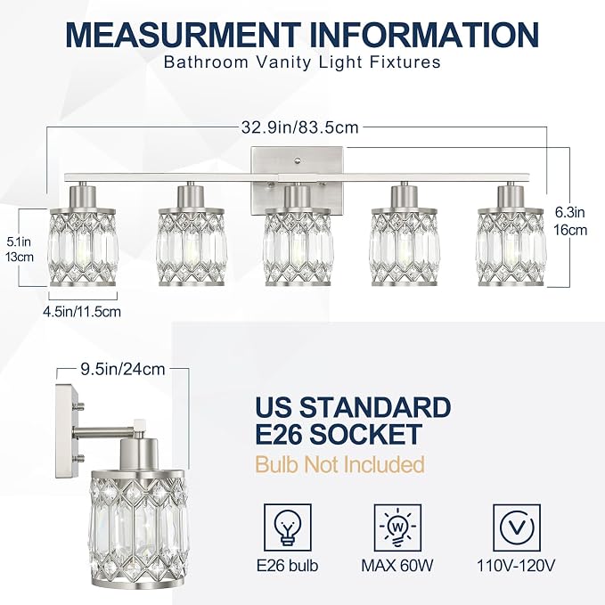 Crystal Modern Bathroom Light Fixtures, 5-Light Brushed Nickel Bathroom Vanity Wall Light, Vanity Lights for Mirror, Restroom, Bedroom (E26 Socket, Bulbs Not Included)