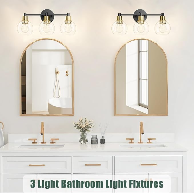3 Light Bathroom Light Fixtures, Black and Gold Bathroom Vanity Lights, Modern Vanity Lights 3-Light Globe Bathroom Vanity Lighting Fixture Over Mirror
