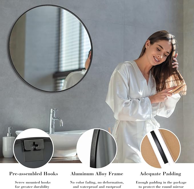NEWBULIG Black Round Wall Mirror 28 Inch, Bathroom Mirrors for Over Sink, Wall Decor for Bathroom, Entryway, Bedroom, Vanity