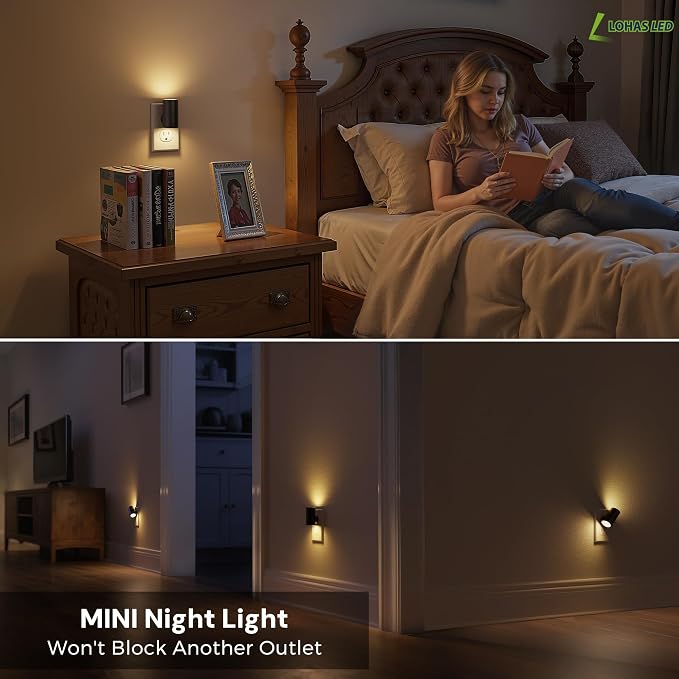 L LOHAS LED Night Light, Night Lights Plug into Wall, Dimmable Nightlights | 50/100LM, Soft White 3000K, Light Sensor, Rotating Nightlight Plug in, Adults Hallway Bedroom Bathroom,[Black Shade,6Pack]