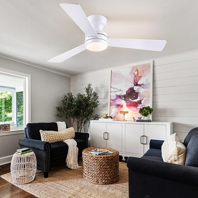 Asyko 46" White Modern Low Profile Ceiling Fans with LED Lights and Remote | Reversible 6 Wind Speeds, Dimmable 3 CCT LED Light, 25W Quiet DC Motor,2H Timer,3 Double-Sided Blades,for Bedroom Kitchen