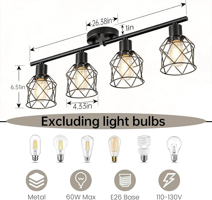 4-Lights Semi Flush Mount Ceiling Light, Adjustable Multi-Directional Track Lighting Fixtures, Rotatable Farmhouse Light Fixtures Mount with Metal Cage for Kitchen, Dining Room, Living Room