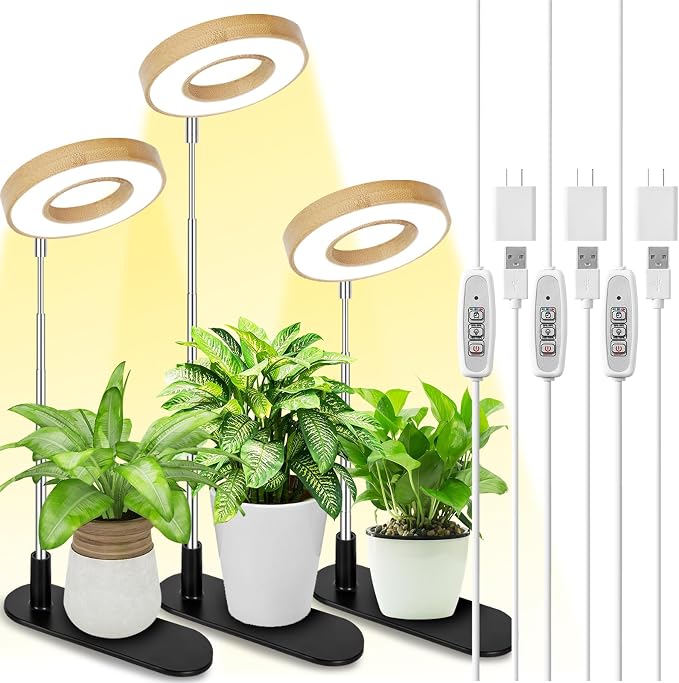 LORDEM Bamboo Base Desktop Grow Light, LED Plant Lamp with Full Spectrum, 4 Adjustable Brightness Levels, 4H/8H/12H Auto Timer for Indoor Plants Growing, Height Adjustable 7.8"-26", 3 Pack