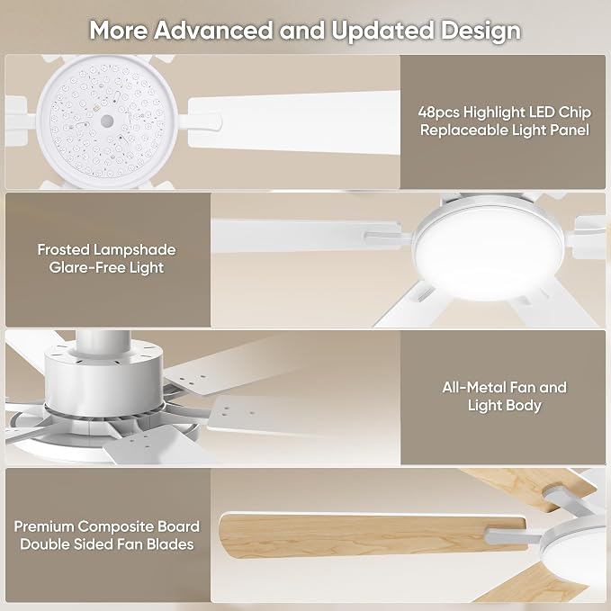 52'' Downrod Mount Ceiling Fans with Lights for Living Room, White | 6 Blades, 6 Speeds, MAX 5600 CFM, Remote&APP Control, 3CCT Dimmable LED, All Metal Body, Memory Function, Reversible DC Motor