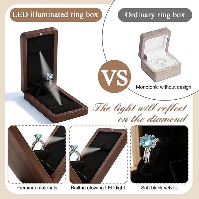 Wooden Engagement Ring Box For Proposal Valentine's Day Jewelry Gift Box Wood Rotating Wedding Day Ring Box With Led Light Gift Packaging(Black Walnut)