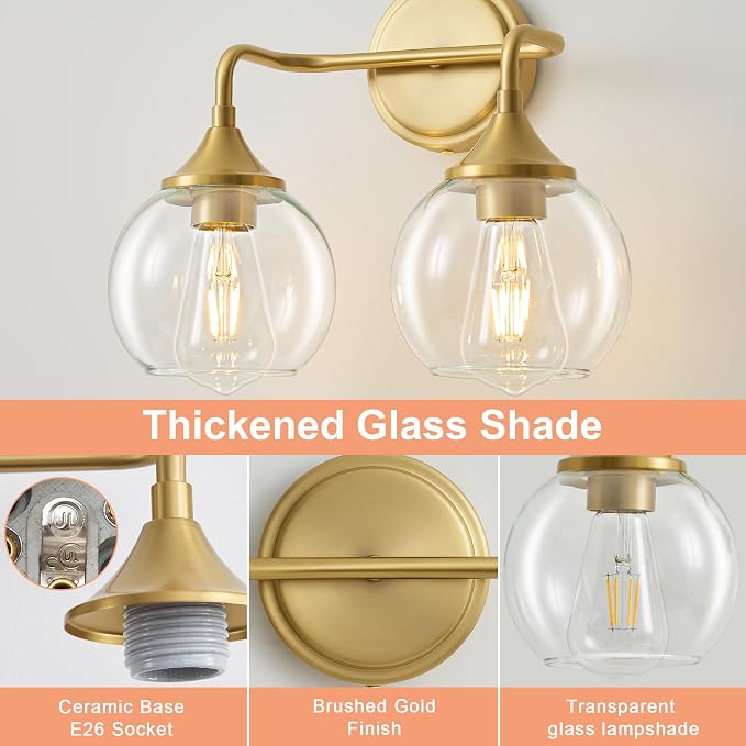 Gold Bathroom Vanity Light 2-Light Modern Vanity Lights 14" | Farmhouse Vanity Lighting Fixtures Over Mirror, Thickened Clear Glass Shade, UL E26 Dimmable Vanity Light Fixtures