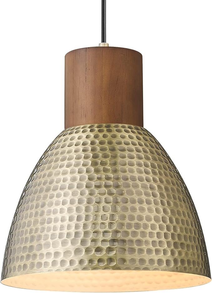 ELYONA Vintage Hammered Pendant Light Fixtures, 10.2” Industrial Metal Hanging Bar Lamp, Solid Wood Antique Gold Adjustable Pendant Light for Kitchen Island, Farmhouse, Dining Room, Brushed Brass