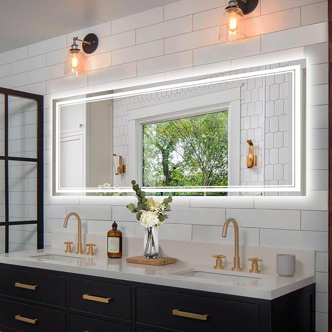 Ratsamee 72x32 Inch Led Mirror for Bathroom with Front Light and Backlit, Bathroom Mirror with Led Lights, Vanity Mirror with Lights for Wall, Anti-Fog, Dimmable, Memory Function, Tempered Glass