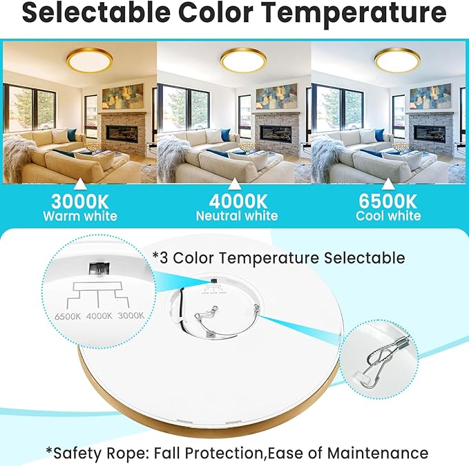 libtit 16Inch Flush Mount LED Ceiling Light Fixture, 3000K 4000K 6500K Adjustable, 36W 3600lm Gold Satin Round Ceiling Lamp for Bathroom Shower Hallway Kitchen, 1 Pack