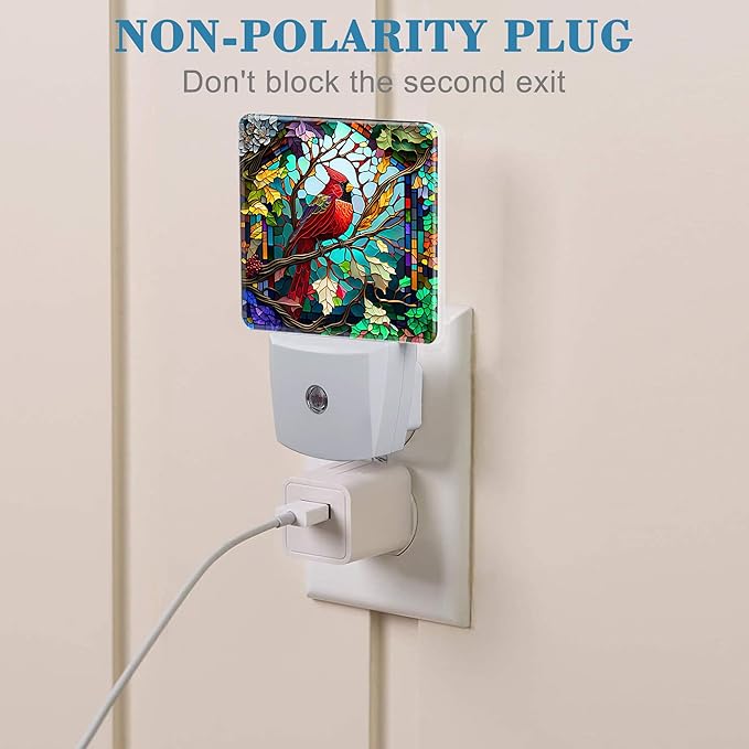 Plug in Night Lights Christmas Stained Glass Cardinal Bird Nightlight Plug Into Wall Dusk to Dawn Sensor LED Night Light for Kid Girls Boys Room Decor,Hallway,Kitchen,Bathroom,Nursery,Stairs
