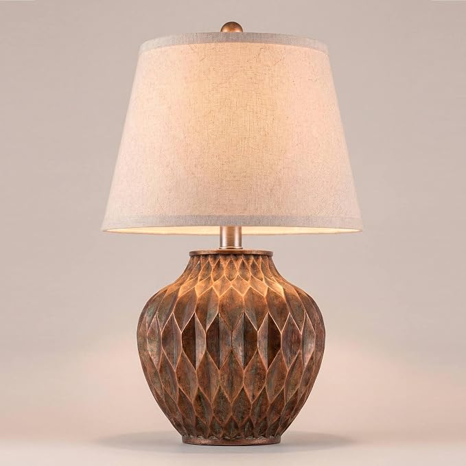 Buckhead 22" High Table Lamp Warm Bronze Brown Accent Geometric Urn | Sculptural Textured Modern Bedroom Living Room House Home Bedside Nightstand Office Tapered Drum Shade