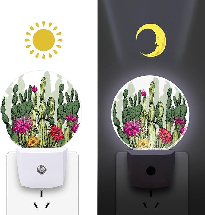 Round LED Night Light,Green Flowers Cactus Plants LED Night Light Plug into Wall with Dusk to Dawn Light Sensor White Energy Efficient Nightlight for Bedroom Hallway Living Room Kitchen