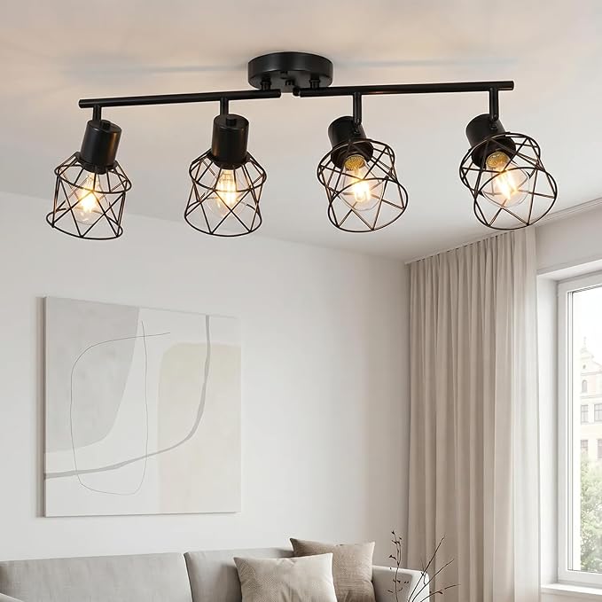 SOTTAE 4-Light Track Ceiling Light, Black Metal Birdcage Semi Flush Mount Ceiling Light, Adjustable Multi-Directional Spot Light, Farmhouse Ceiling Lamp for Living Room Kitchen Dining Bedroom Hallway