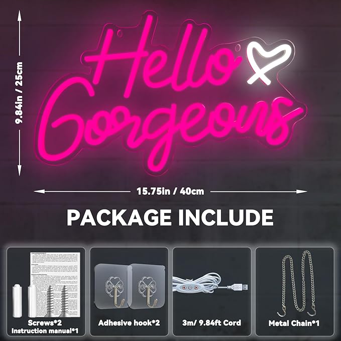 Hello Gorgeous Neon Signs Hello Beautiful Pink LED Neon Lights Dimmable LED Light Sign for Home Wedding Birthday Backdrop Bacelorette Party Decoration, Pink