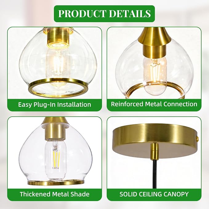 Gold Pendant Light Kitchen Island, 1 Light | Brushed Gold Pendant Light Fixture, Glass Globe Hanging Light, Adjustable Height for Kitchen Island, Dining Room & Bar