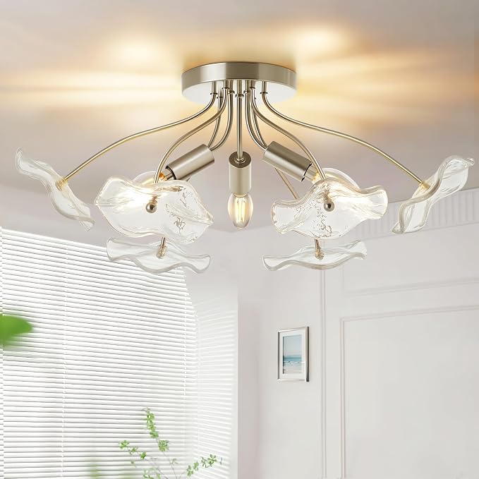 Luvkczc Semi Flush Mount Ceiling Light, Brushed Nickel Ceiling Light Fixture, Modern Floral Glass Lighting for Kitchen Entryway Hallway Bathroom Bedroom Foyer, 3 Light E12 Socket