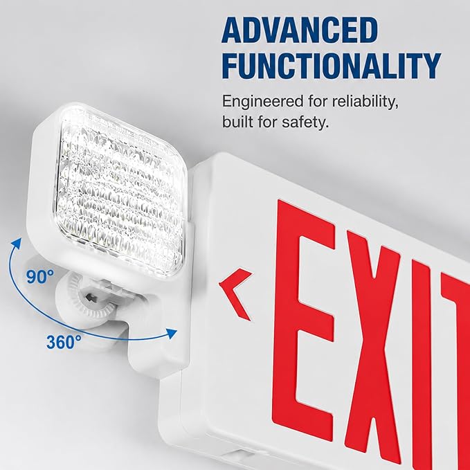 Red LED Exit Sign with Emergency Lights, Battery Backup, UL Listed | 2 Adjustable Heads, Commercial Emergency Exit Sign Combo with Thermoplastic Housing, Hardwired 120V/277V AC, 90-Minute Backup