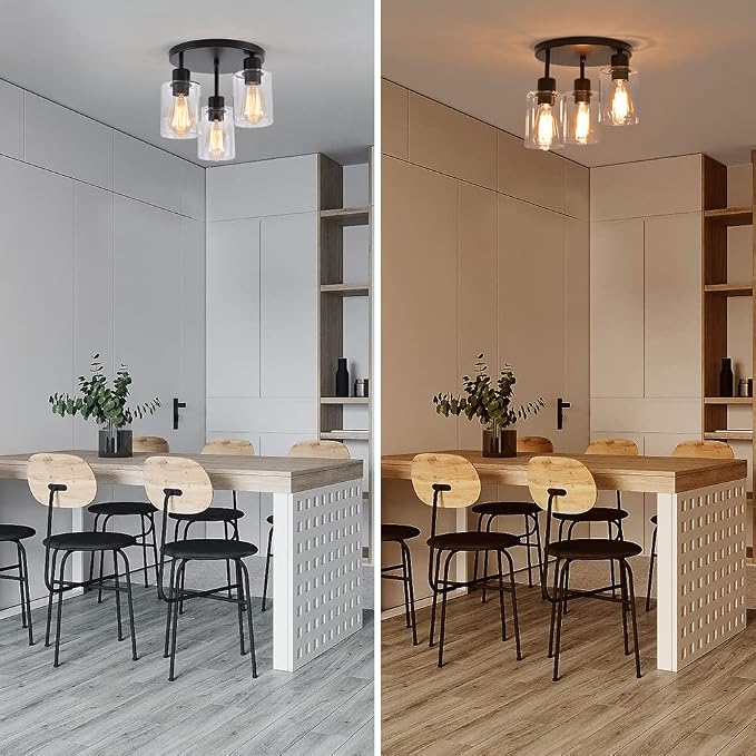 3-Light Industrial Farmhouse Black Matte Light Fixtures Ceiling Mount, with Clear Glass Shades Semi Flush Mount Ceiling Light, for Hallway Fixtures Kitchen, Foyer