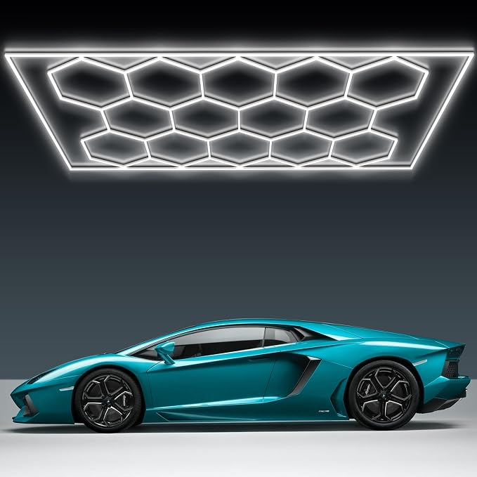 Hexagon Garage Lights Honeycomb LED Hex Light, 672W, 80640LM, 6500K Super Bright, 14 Grid Systems Car Detailing Lights with Rectangular Frame for Garage Warehouse Workshop Basement Gym