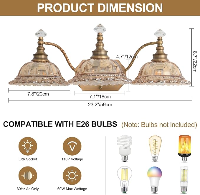 Vintage Bathroom Vanity Light Fixtures, 3-Light Matte Brass Finish Vanity Light with Flower-Shaped Amber Glass Shades, Retro Wall Sconce for Mirror, Powder Room, Bedroom