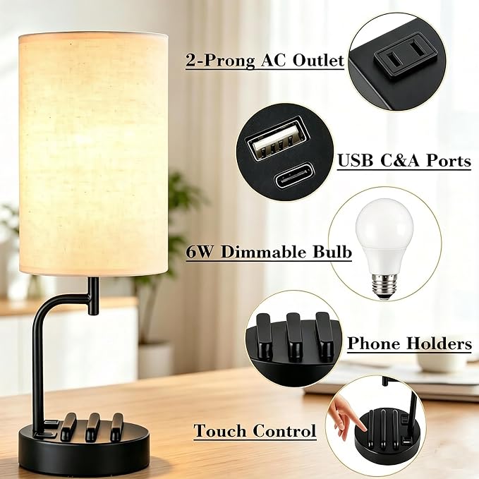 Dreamholder Touch Control USB Table Lamp with USB C/A & AC Outlet, 3-Way Dimmable Bedside Lamp, Modern Nightstand Lamps for Bedroom Living Room Guest Room Office, Bulb Included, Black