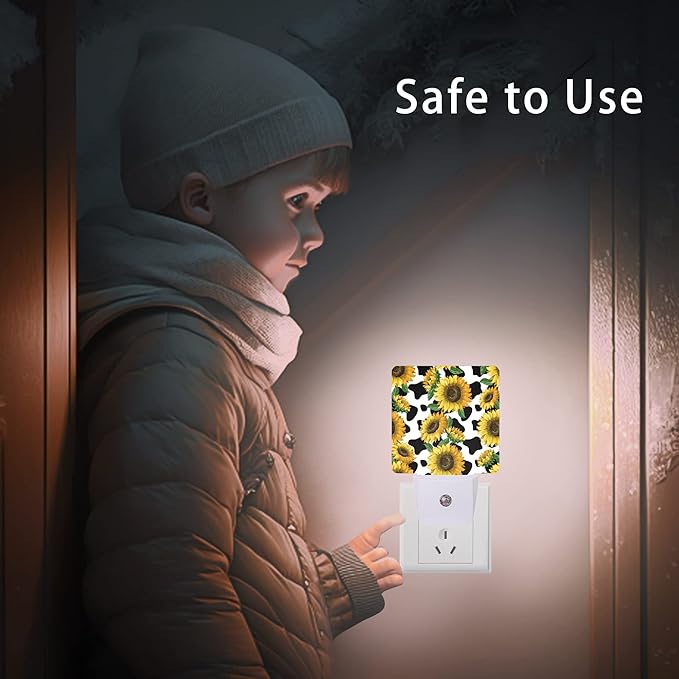 Sunflowers Night Light,Cow Print Night Lights Plug into Wall Dusk to Dawn Sensor Led Lamp for Women Men,Led Lights for Stairway/Hallway/Bedroom,0.5W