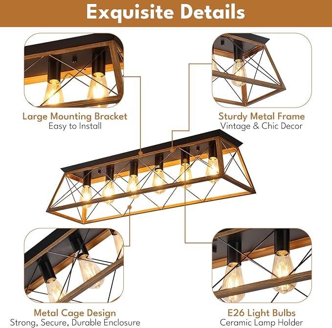 38” Farmhouse Large Flush Mount Ceiling Light Fixture with Walnut Finish | 6-Light Vintage Industrial Flush Mount Chandelier with Cage Design for Dining Room Kitchen Island Living Room Hallway