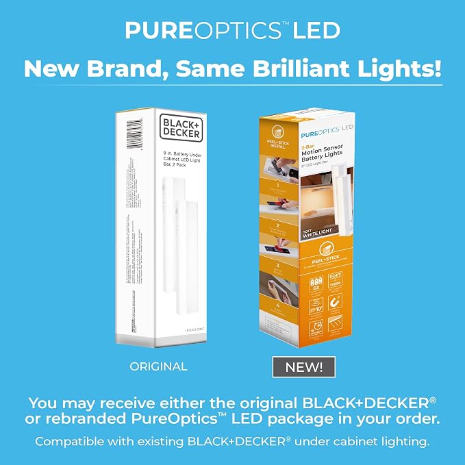 PureOptics LED Battery Operated Under Cabinet Lighting, Motion Sensor On/Off, Warm White LED, Stick-On Install for Kitchen & Closets - 2 Bars