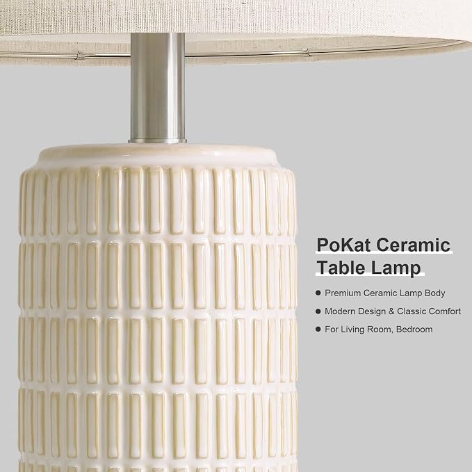 PoKat 23’’ Dimmable Table Lamps Set of 2 with Remote for Living Room, White | Modern Bedside Lamps for Bedroom, Stepless Adjustable, Farmhouse Ceramic Lamp for Nightstands, Blubs Included, No Battery
