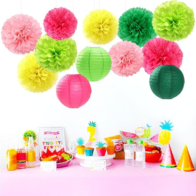 Hawaiian-Summer Pool Party-Decorations Paper-Flowers Lanterns - 15pcs Luau Tropical Beach Tissue Pom Poms Streamers,Birthday Bachelorette Wedding Baby Shower Graduation Hanging Supplies Decor Hugfond