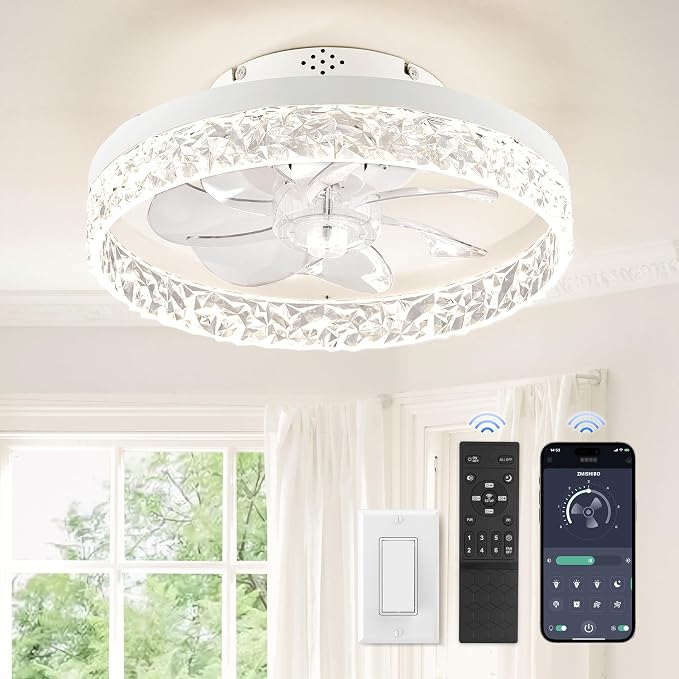 ZMISHIBO 15.7 Inch Ceiling Fan with Light, Flush Mount Remote & App Control | 3CCT Dimmable LED, DC Motor, Bladeless, Reversible Blade, 6 Speeds, Modern, Low Profile, Enclosed, Bedroom, Kids, Girl, Adult