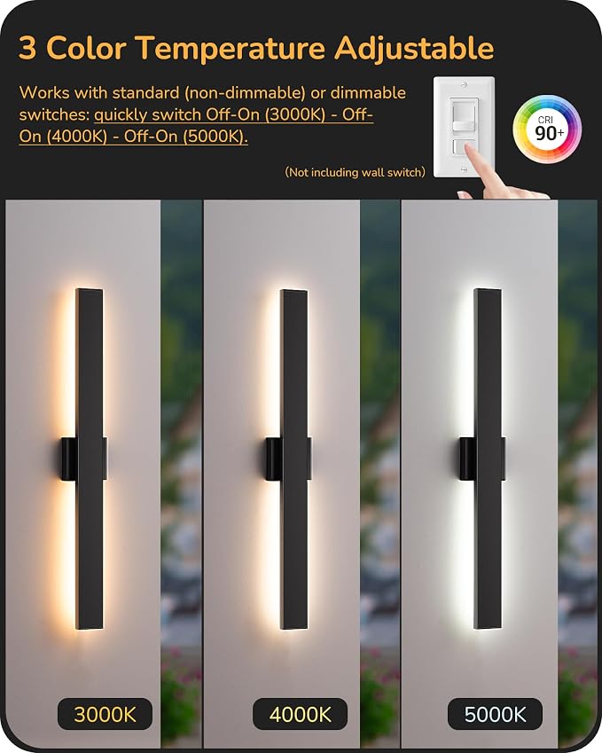 EDISHINE 31.5" LED Outdoor Wall Lights, 3CCT & 10%-100% Dimmable, IP65 Waterproof, Modern Exterior Lighting Fixtures, Long Exterior Wall Lights for Garage, Front Door, 2 Pack, Black
